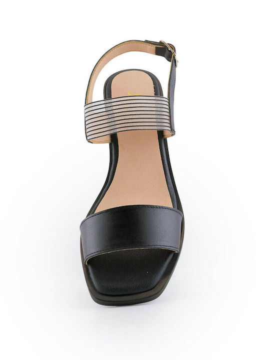 Juliet Dunn Leather Women's Sandals Black with Chunky Medium Heel