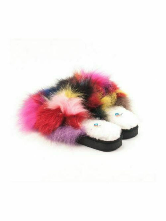 Dalis Leather-Women's Leather Slippers Open, Genuine Fox Fur-MULTICOLOR