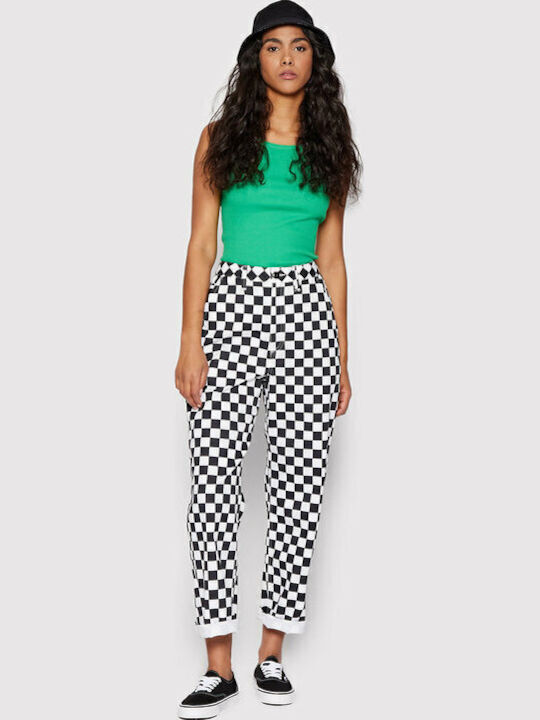 Women's High-waisted Fabric Trousers Relaxed Fit Black/White