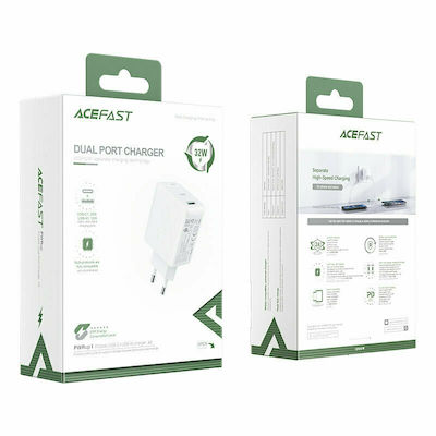 Acefast Încărcător Fără Cablu GaN cu Port USB-A și Port USB-C 32W Livrarea energiei / Quick Charge 3.0 Albς (A5)