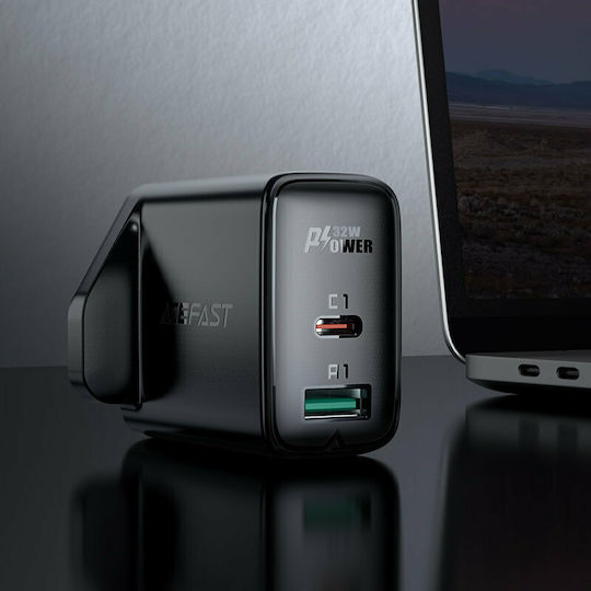 Acefast Charger Without Cable with USB-A Port and USB-C Port 32W Power Delivery / Quick Charge 3.0 Blacks (A8 UK)