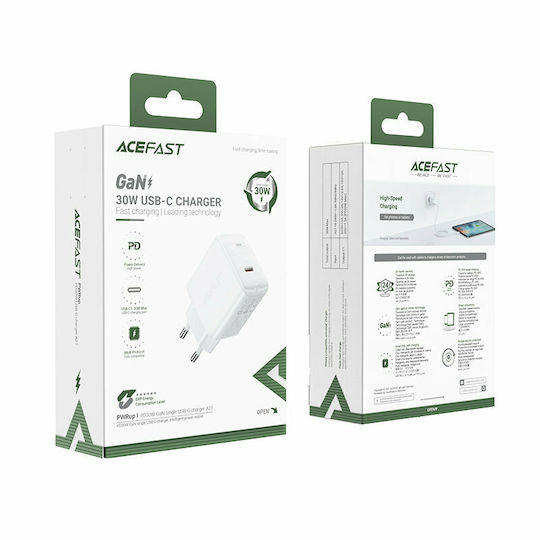 Acefast Încărcător Fără Cablu GaN cu Port USB-C 30W Livrarea Energiei Alb