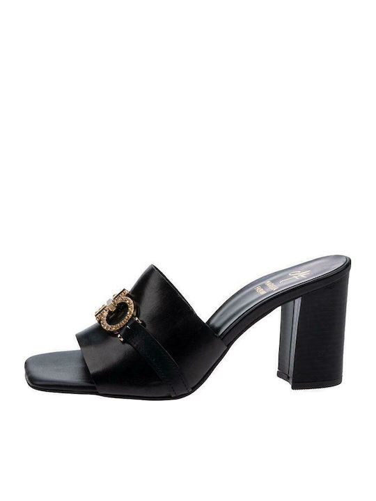Leather Mules with Chunky High Heel in Black Color