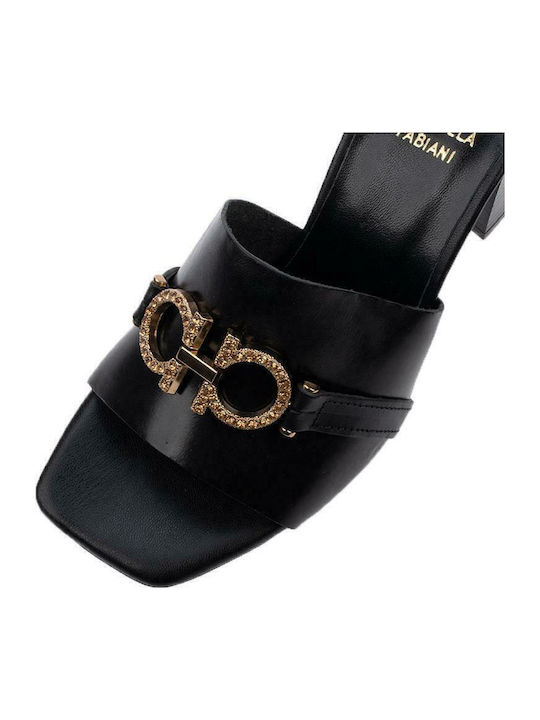 Leather Mules with Chunky High Heel in Black Color