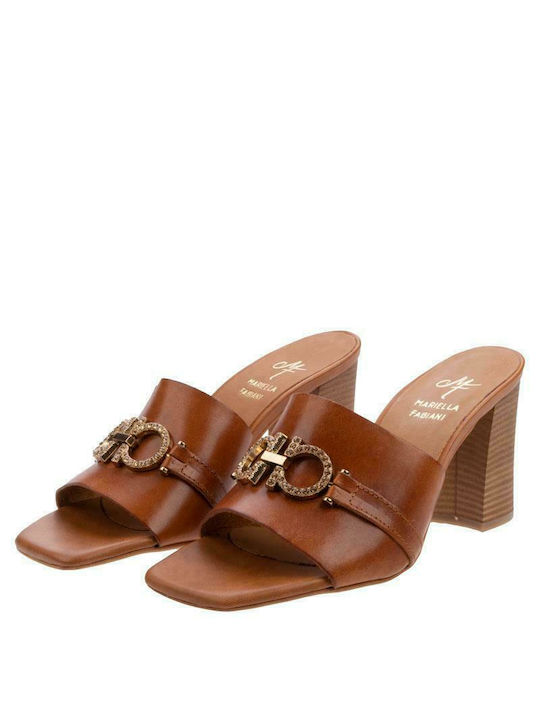 Mariella Fabiani Chunky Heel Leather Mules Tabac Brown