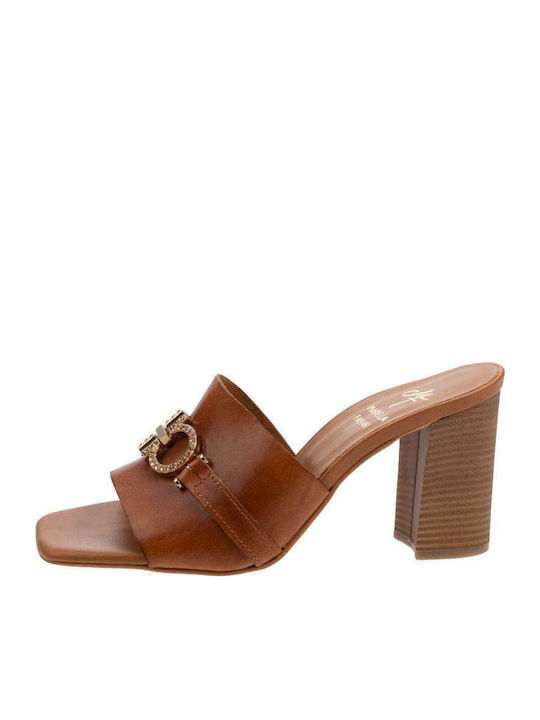 Leather Mules with Chunky High Heel in Tabac Brown Color
