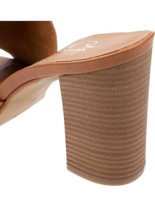 Leather Mules with Chunky High Heel in Tabac Brown Color