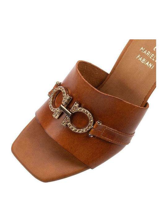 Leather Mules with Chunky High Heel in Tabac Brown Color