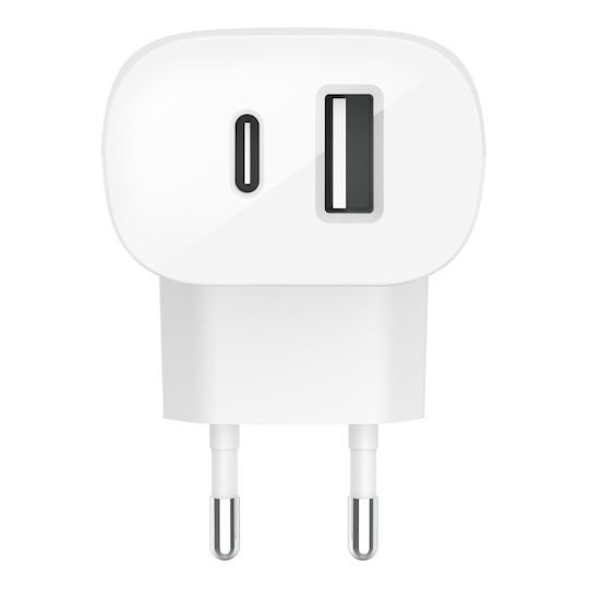 Belkin Φορτιστής Χωρίς Καλώδιο με Θύρα USB-A και Θύρα USB-C 32W Λευκός (Boost Charge Dual)