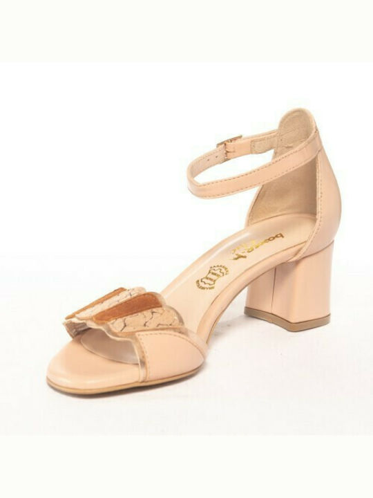 Boxer Anatomic Leather Women's Sandals with Ankle Strap Beige with Chunky Medium Heel