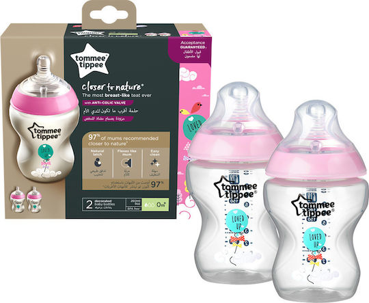 Tommee Tippee Set Plastic Baby Bottles Closer to Nature Anti-colic with Silicone Teats for 0+ Months Pink 260ml 2 Pieces