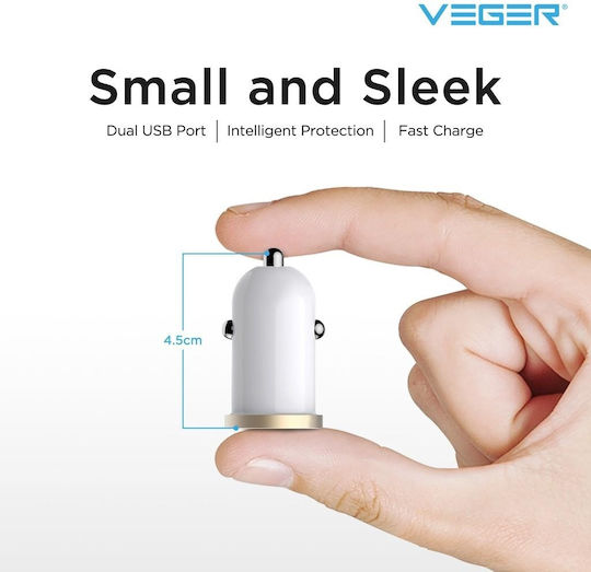 Veger Mini Car Charger with Ports: 2xUSB White Color