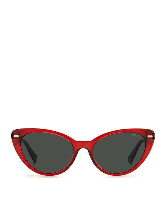 Polaroid Women’s Sunglasses with Red Horn-Rimmed Frame and Grey Polarized Lens PLD4109S C9A/M9