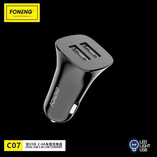 Foneng C07 Car Charger 12W 2.4A with Ports: 2xUSB Black Color