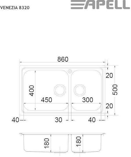 Apell Venezia 8320 Ένθετος Νεροχύτης Αριστερός Inox Σαγρέ Μ86xΠ50cm Ασημί
