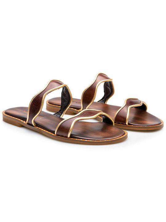 Makis Kotris Leather Women's Flat Sandals in Brown Color