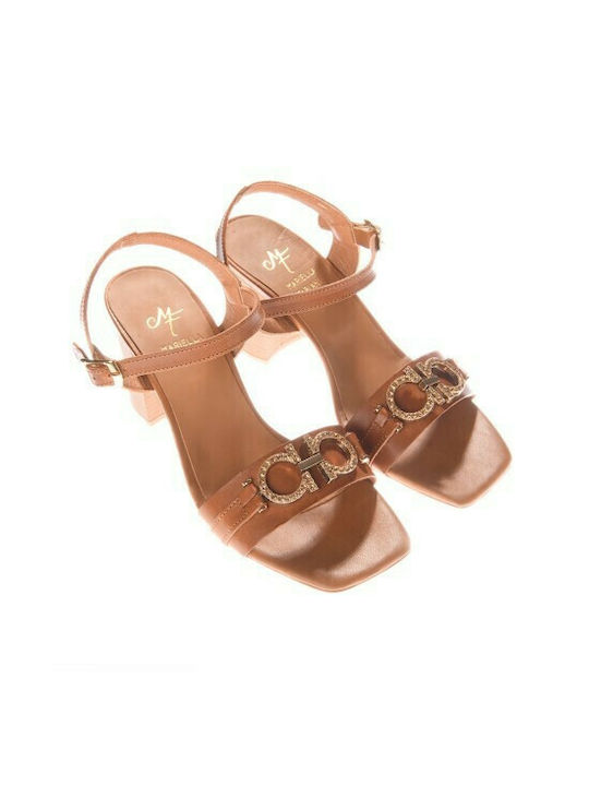 Mariella Fabiani Leather Women's Sandals with Ankle Strap Tabac Brown with Chunky High Heel