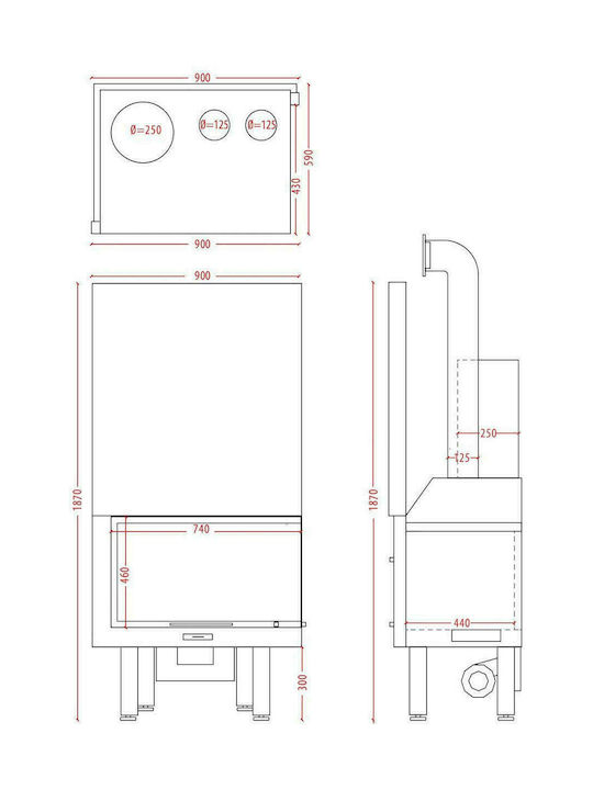 CHytiria Misailidi T-75 Corner 45-75 BG Kaminofen Holz Lüftungskanäle 15.5kW Linke Ecke mit einer zu öffnenden Tür