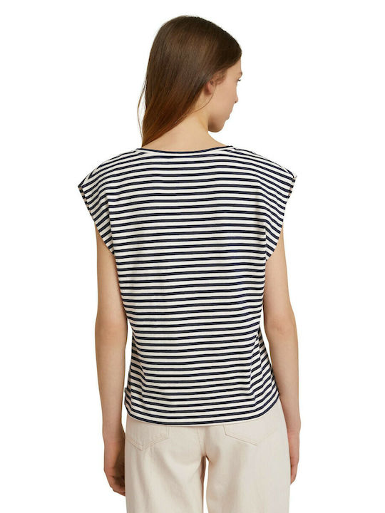 Tom Tailor Women's Summer Blouse Cotton Sleeveless with V Neckline Striped Navy Blue