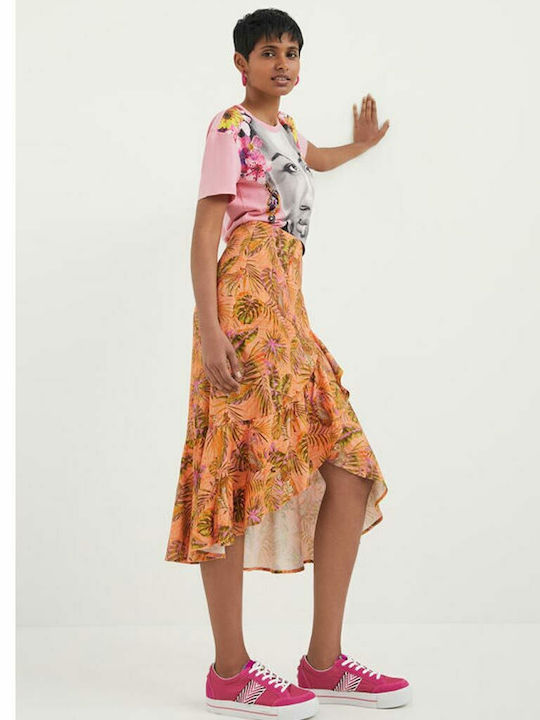 Linen High-waisted Midi Skirt Envelope Floral Orange