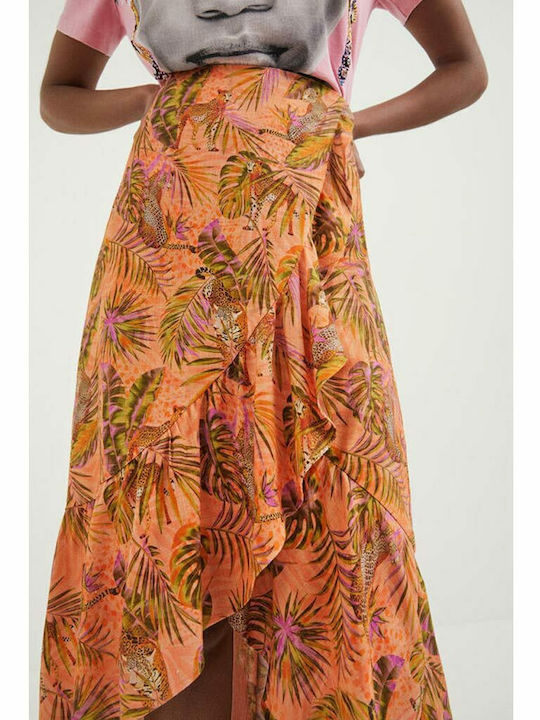 Linen High-waisted Midi Skirt Envelope Floral Orange
