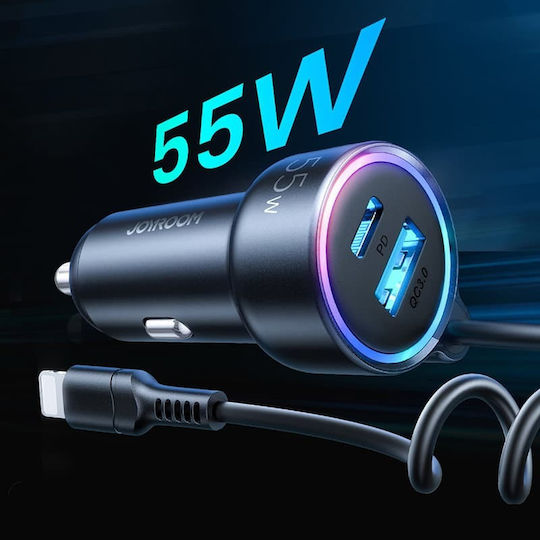 Joyroom Φορτιστής Αυτοκινήτου 45W με Θύρες: 1xUSB 1xType-C μαζί με Καλώδιο Lightning Μαύρος