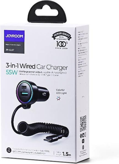 Joyroom Car Charger 55W with Ports 1xUSB 1xType-C with Type-C Cable Black Colour