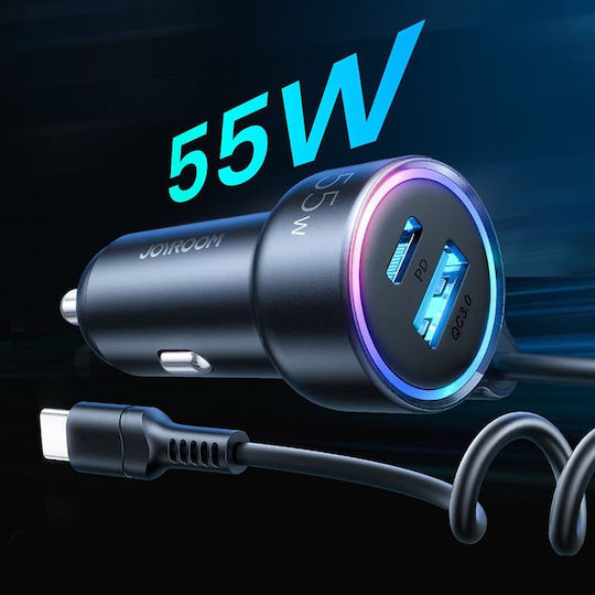 Joyroom Car Charger 55W with Ports 1xUSB 1xType-C with Type-C Cable Black Colour