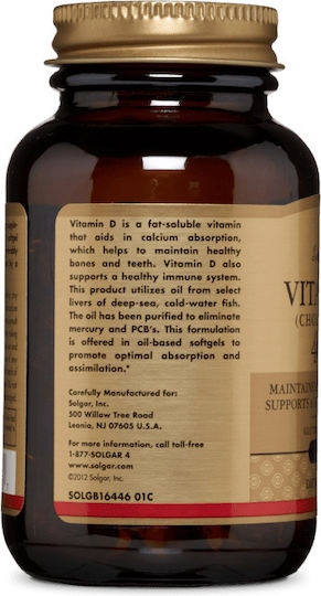 Solgar Vitamin D3 (Cholecalciferol) Vitamin für Stärkung des Immunsystems & die Knochengesundheit 400iu 100 Softgels