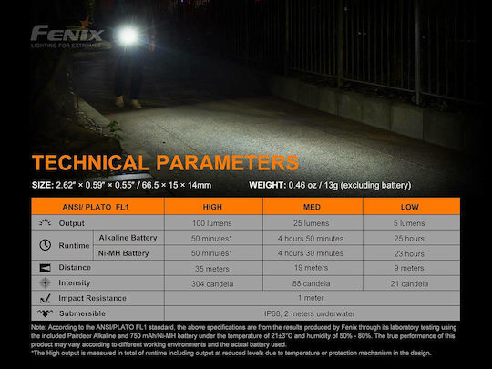 Fenix Lanternă LED IP68 cu Luminozitate Maximă 100lm Negru