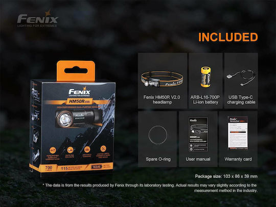 Fenix Επαναφορτιζόμενος Φακός Κεφαλής LED IP68 με Μέγιστη Φωτεινότητα 700lm HM50R V2