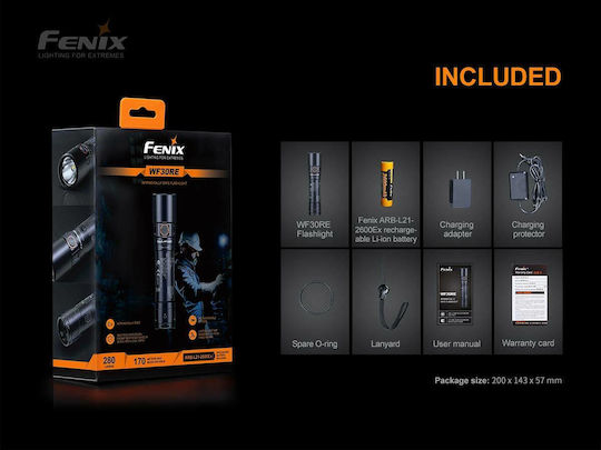 Fenix Rechargeable Flashlight LED IP68 with Maximum Brightness 280lm WF30RE ATEX Black