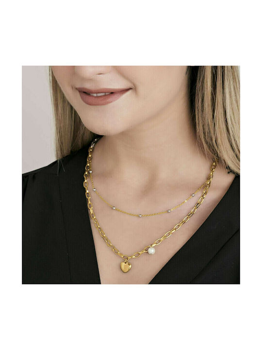 Luca Barra Necklace Double with design Heart from Gold Plated Steel with Pearls Spring