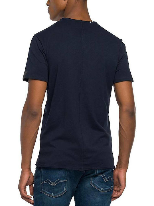 Replay Herren T-Shirt Kurzarm mit V-Ausschnitt Marineblau