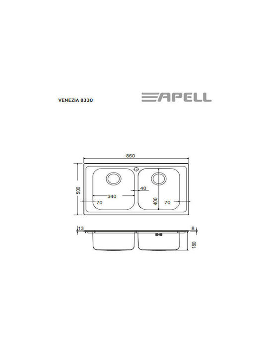 Apell Anniversario 8330 Ένθετος Νεροχύτης Inox Σαγρέ Μ86xΠ50cm Ασημί