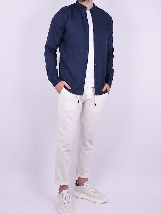 Shirt Mao Long Sleeved Linen Blue Blue