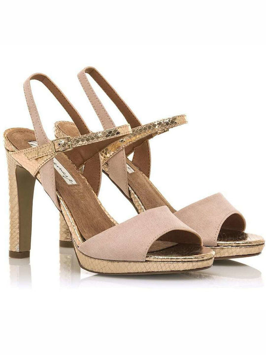 Maria Mare Leather Women's Sandals with Ankle Strap Rose Gold with Chunky High Heel