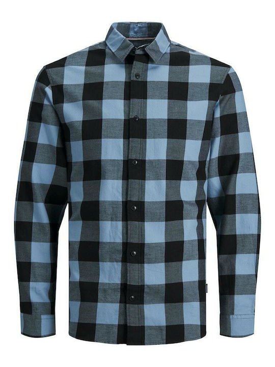 Long-sleeved Denim Shirt Checked Faded Denim