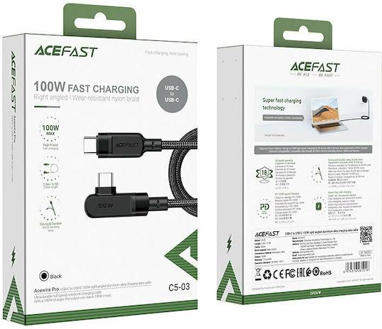 Acefast C5-03 Ъгъл (90°) / Плетена USB 2.0 Кабел USB-C мъжки - USB-C мъжки 100W Черен 2м
