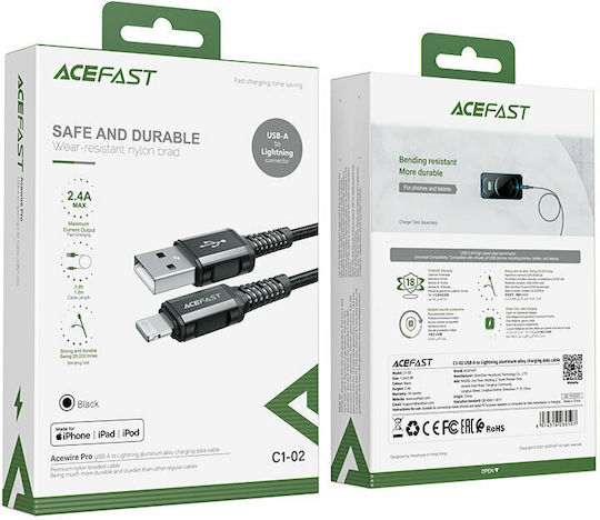 Acefast C1-02 Плетена USB-A към Lightning кабел 30W Черен 1.2м