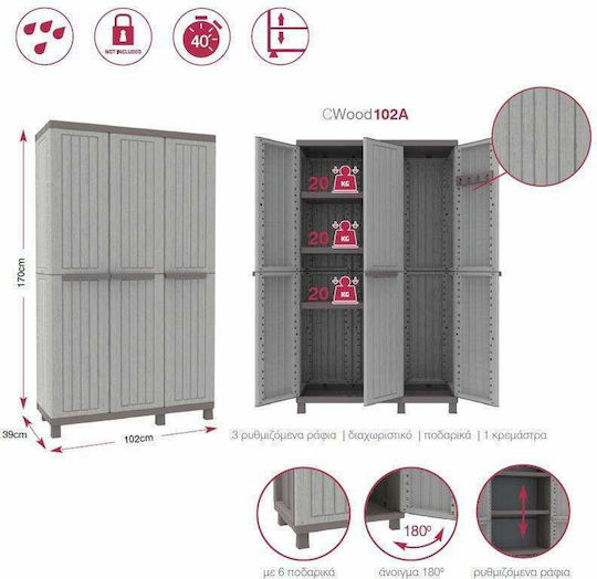 Triple Door Wardrobe CWood Plastic with Divider & 3 Shelves 102A 102x39x170cm