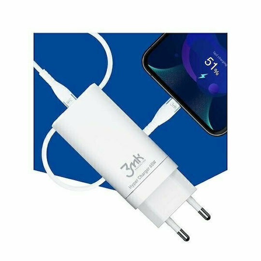 3MK Φορτιστής Χωρίς Καλώδιο GaN με Θύρα USB-A και 2 Θύρες USB-C 65W Power Delivery / Quick Charge 3.0 Λευκός (HyperCharger 65W)