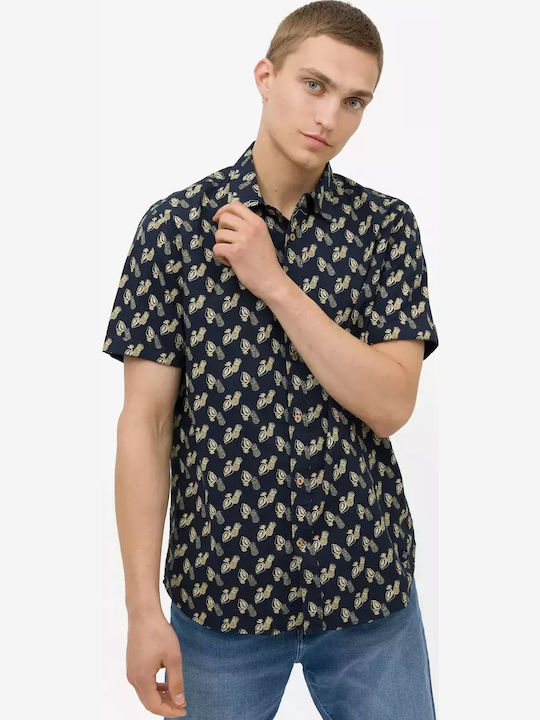 Short-sleeved Cotton Shirt Floral Navy Blue
