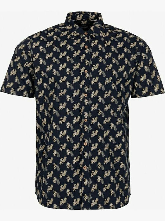 Short-sleeved Cotton Shirt Floral Navy Blue