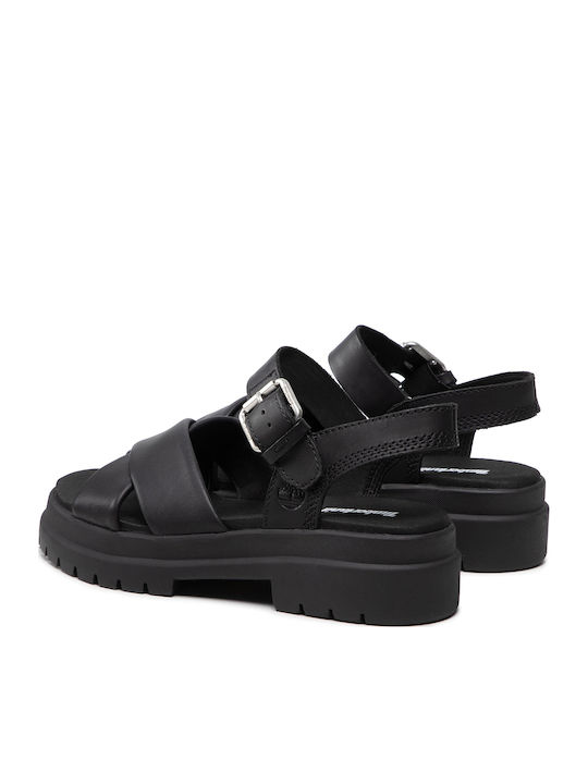London Vibe Leather Women's Flat Sandals with Strap in Black Color