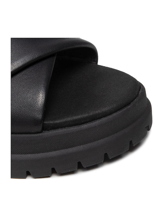 London Vibe Leather Women's Flat Sandals with Strap in Black Color