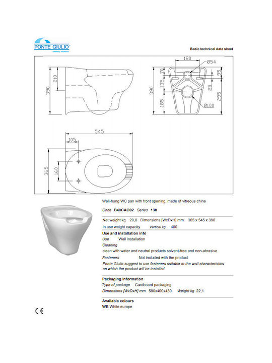 Ponte Giulio 130 Series Λεκάνη ΑΜΕΑ με Απλό Κάλυμμα