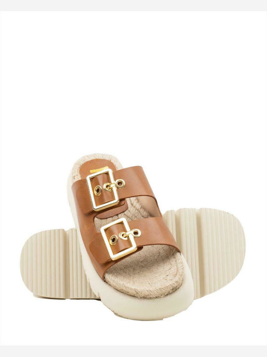 Leather Women's Flat Sandals in Tabac Brown Color