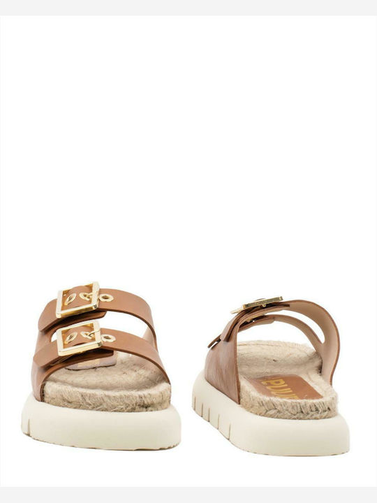 Leather Women's Flat Sandals in Tabac Brown Color