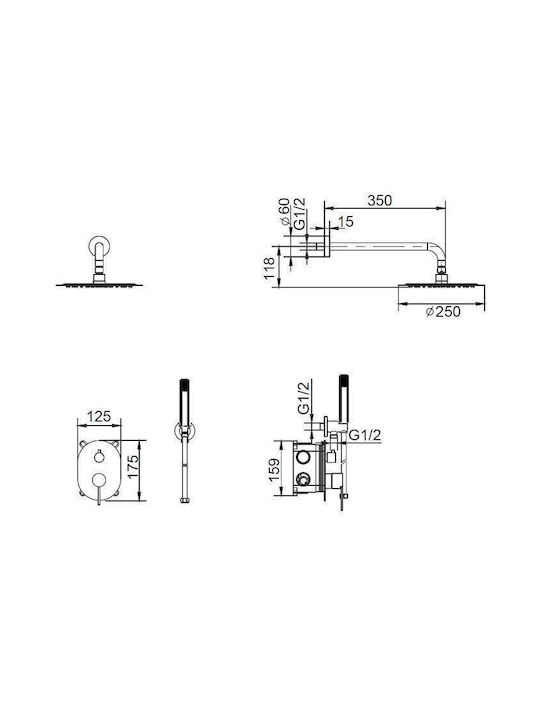 Imex Moscu Built-in Mixer, Hand Shower & Shower Head Set for Shower 2 Exits Inox Silver
